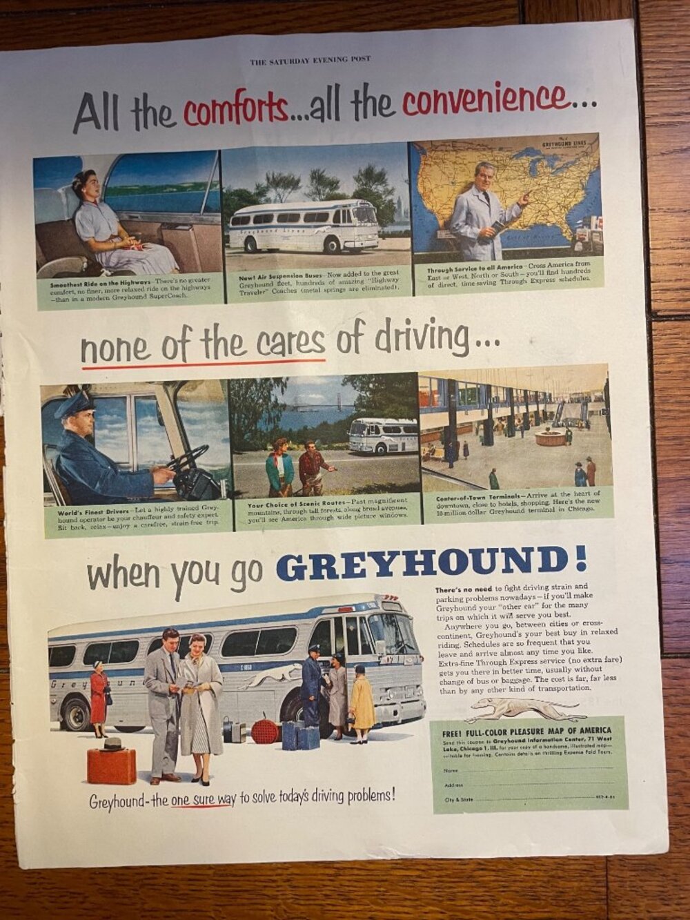 Vintage 1950s Greyhound Bus Travel Advertisement - Saturday Evening Post - 13.5"